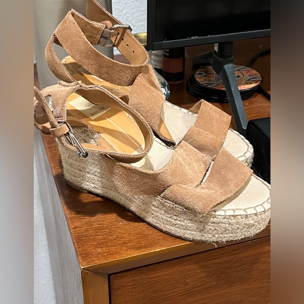 Tan Suede Leather Espadrille Sandals Shoe Size 6.5